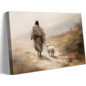Danseed Jesus Leaves the 99 Sheep Canvas Wall Art Jesus And Lamb Wall Decor Painting Christian Parable Of The Lost Sheep Posters Prints for Bedroom Church Prayer Room Decoration Ready to Hang (16"L x 12"W)