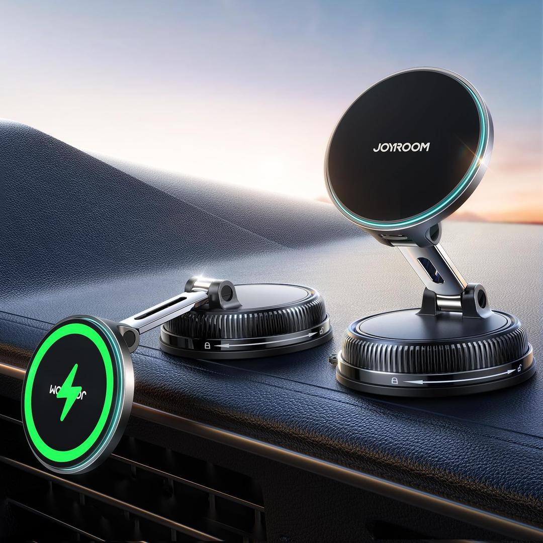 JOYROOM 15W Magsafe Car Mount Charger, iPhone Faster Charging Wireless Car Charger, 80+LBS Strong Suction Magnetic Phone Holder for Car, Stable Metal Support Arm for iPhone 17 Pro Max 16 15 14 13 (Black)