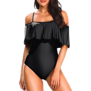 Tempt Me Women's One Piece Swimsuit Vintage Off Shoulder Ruffled Bathing Suits (Black) L
