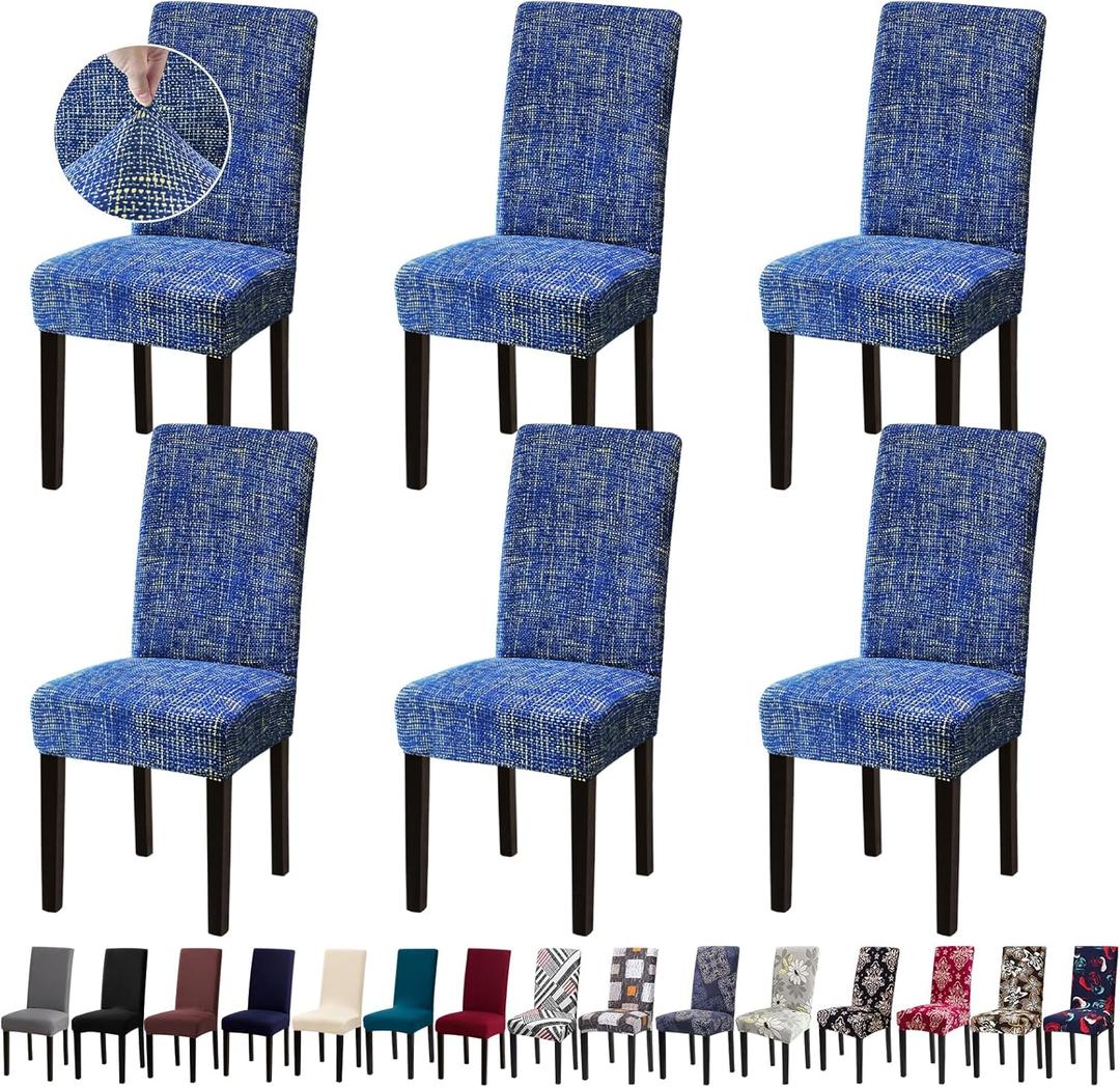 Chair Covers, Dining Room Chair Covers, Stretch Kitchen Chair Covers Set of 6, Removable Washable Dining Chair Slipcovers for Home, Hotel, Banquet (Linen Blue Pattern)