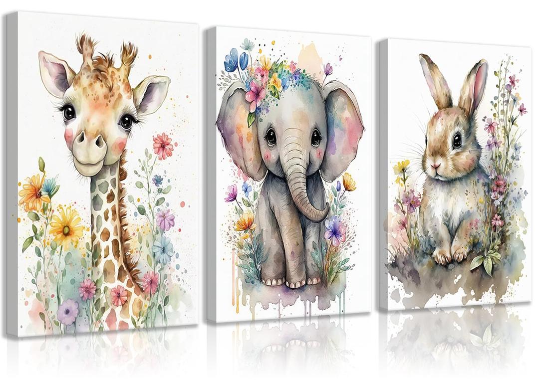 3Pcs Safari Animal Nursery Canvas Wall Art Watercolor Baby Animals with Wildflowers Picture Posters Wall Decor Cute Giraffe Elephant Rabbit Painting Print Artwork for Kids Children Room Decor 16x24in