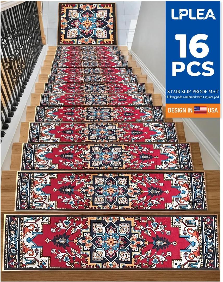 Non-Slip Stair Tread Set for Wood Steps 16PCS - 15PCS 8"X 30" + 1PCS 30"X 30" Washable Stain Resistant Stair Carpet, Indoor Safety Stair Mat for Elderly, Dogs & Pets