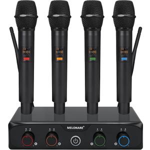MELONARE 4-Channel Wireless Microphone System, UHF Compact Cordless Mic Set w/ 4x10 Frequencies, 200ft Range, Dynamic Handheld Microphone for Singing, Karaoke, Church, DJ, Wedding (MWM-41-4H)
