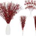 ICBOX 20PCS Glitter Artificial Curly Berry Stems Ornaments Fake Christmas Candy Picks Decorative Glitter Sticks Branches Combo Set for Xmas Tree Wreath Crafts Vase Filler Home Decor (Red)
