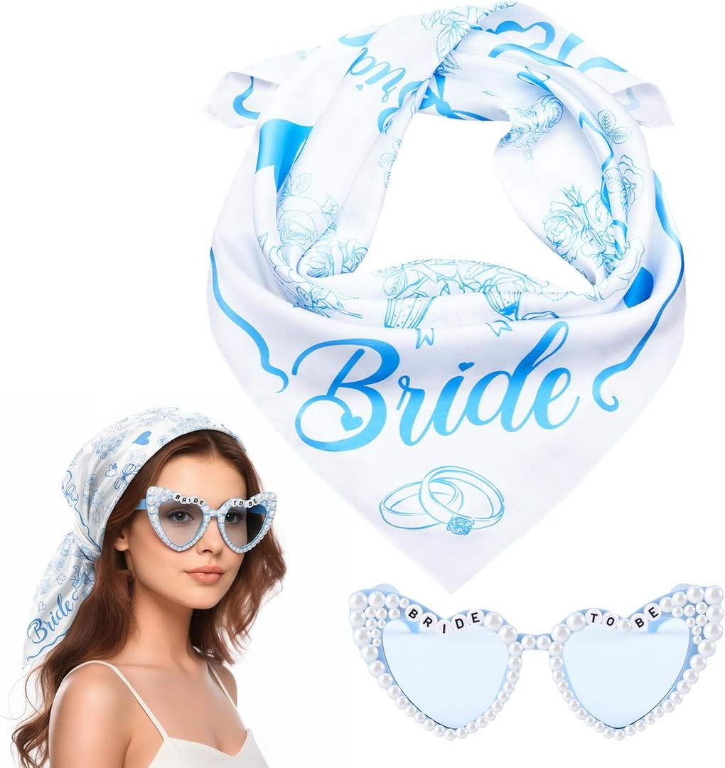Bride Bandana and Blue Heart Sunglasses Set, Bride to Be Head Scarf Headband Something Blue Bachelorette Party Decorations Favors Accessories Bridal Shower Wedding Bridesmaid Gifts