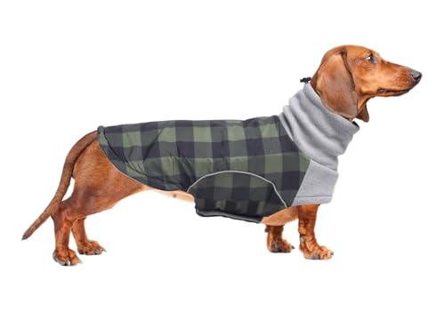 Brabtod Dog Winter Coat,Dachshund Clothes,Waterproof Miniature Dachshund Jacket with Harness Hole,Dachshund Jumper with Turtle Neck,British Style-Green Plaid-M