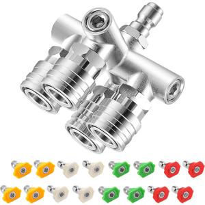 Quadruple Pressure Washer Tips, 4 in 1 Power Washer Nozzle, 4 Nozzle for Pressure Washing with 16PCS Power Washer Spray Nozzles (0, 15, 25, 40 Degree), 1/4 Inch Quick Connect, 5000 PSI