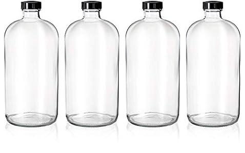 kitchentoolz 4 Pack - 32oz Boston Round Clear Glass Growler - with Phenolic Poly Cone Insert Caps - Tight Seal for Secondary Kombucha Fermentation