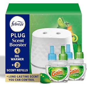 Febreze Plug Scent Booster Starter Kit – Air Freshener, Oil Diffuser, Continuous Scent Device, Includes 2 Gain Refills
