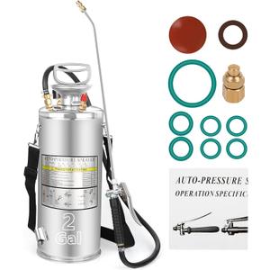 2 Gallon Stainless Steel Pump Sprayer - Hand Pump Sprayer with Pressure Gauge, Safety Valve&Adjustable Nozzle and Flat Nozzle, Garden Weed Sprayer with 20 Wand & 3FT Hose, Non-Corrosive Viton Seals