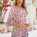 Poetsky Women's Casual 3/4 Sleeve Tops Summer Square Neck T Shirts Ruffle Loose Fit Tunic Blouses (M)