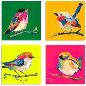 Colorful Eclectic Bird Wall Art, Maximalist Wall Decor Aesthetic for Bedroom, Funky Bird Canvas Art Prints, Dopamine Wall Decorations, Colorful Artwork Posters for Living Room 12"X12"X4 Panels