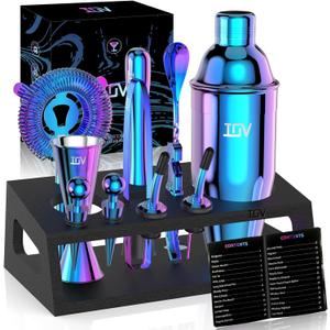 IOV Mixology Bartender Kit with Stand | 12-Piece Cocktail Shaker Set | 24oz Martini Shaker Set for Drink Mixing | Bar Set Includes All Bar Tools and Recipe Booklet | Fun Housewarming Gift (Rainbow)
