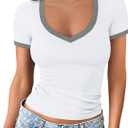 Sampeel Short Sleeve Shirts for Women V Neck Summer Ribbed Tshirts 2026 Slim Fit Spring Fashion Going Out Basic Tees (White, XL)