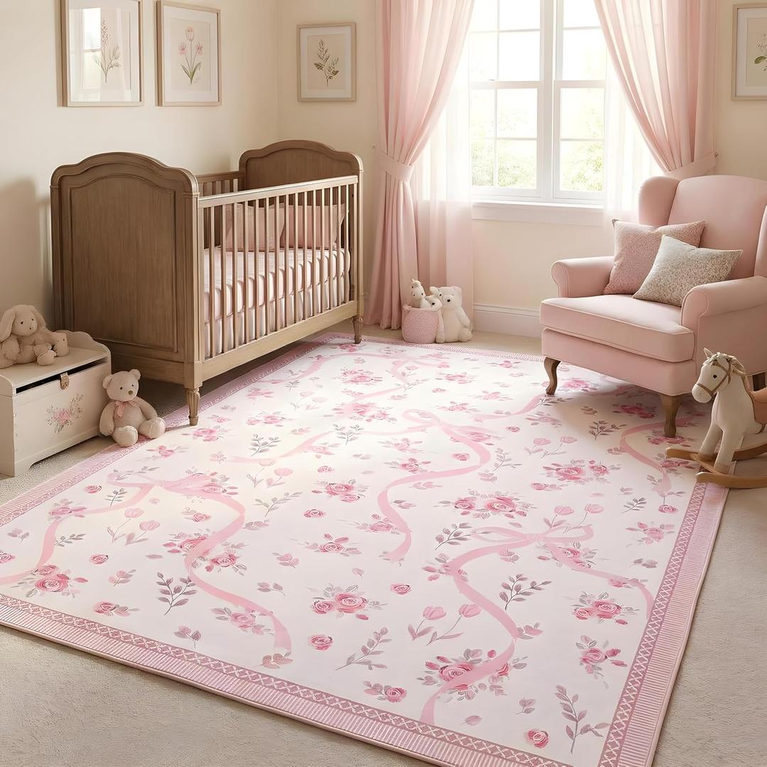 GarveeHome Pink and White Bow Rugs for Bedroom Girls, 4x6 Rug for Living Room with Soft Low Pile, Floral Washable Pink Area Rug for Nursery Kids Playroom Dorm Office Carpet Bow Decor