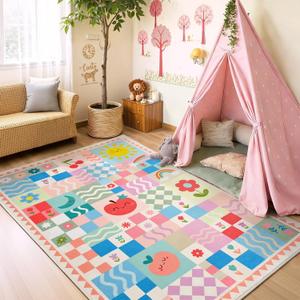Washable Pink Area Rugs for Bedroom Girls, 4x6 Soft Checkered Playroom Carpet with Cute Sun & Rainbow Fruit Design, Non-Slip Decorative Floor Mat