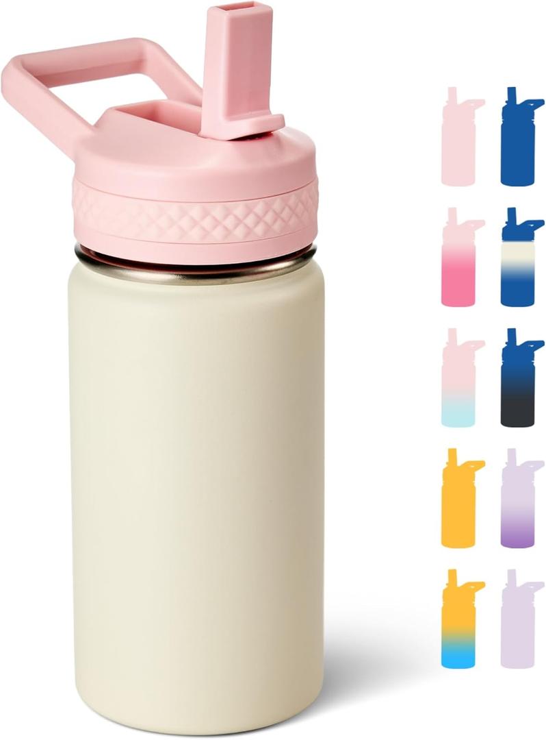12 oz Kids Water Bottle, Toddler Water Bottle with Straw, Boys&Girls Bottle for School, 304 Stainless Steel Vacuum Insulated Bottle for Kids, BPA-Free, Leak-Proof, Milky White
