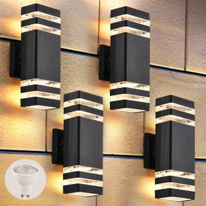 DASTOR 4 Pack Outdoor Wall Lights, Modern Exterior Lighting Fixtures Wall Mount, 2Layer Black Outdoor Lights for House, Up and Down Lights Outdoor Sconces Wall Lighting for Porch Patio Garage