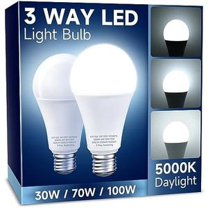 UNILAMP 3 Way LED Light Bulbs, 30/70/100W Equivalent, Daylight White 5000K, A19 Three Way Light Bulbs with E26 Medium Base, 2 Pack for Desk and Floor Lamps