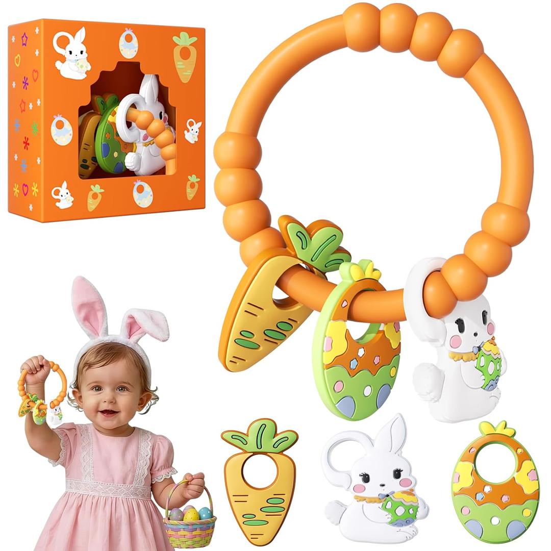 Easter Baby Teething Ring Toys for Baby, Silicone Teether with Textured Carrot, Bunny and Egg, BPA-Free, Safe and Soft for Chewing, Teething Toys for Easter Basket Stuffers&Easter Gifts, 0-12 Month