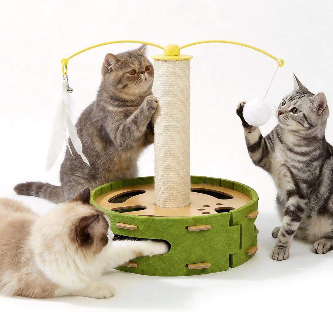 Cat Nail File Enrichment Box with Scratching Post, Sandpaper Scratcher Base, Interactive Cat Scratch Puzzle Box with Rotating Teaser & Bell Balls for Indoor Cats