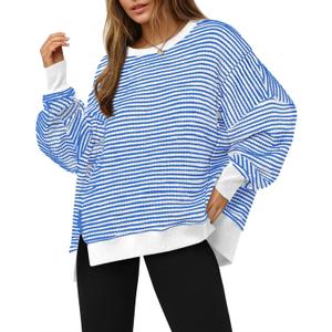 Fisoew Women's Fall Oversized Sweatshirt Casual Waffle Knit Long Sleeve Crewneck Split Pullover Tunic Tops M