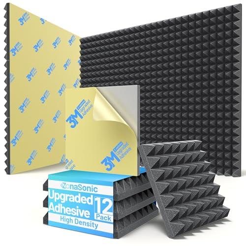 12 Pack Pyramid Sound Proof Foam Panels for Walls with Updated Self-Adhesive 2"X12" X12" High Density Acoustic Panels Sound Absorbing Fast-Expanding Soundproof Wall Panels for Gaming Studio Decor-Black
