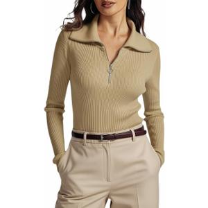 Prettywear Women's 2024 Long Sleeve Half Zip Pullover Sweaters V Neck Lapel Collared Dressy Casual Knit Fall Tops (Khaki, M)