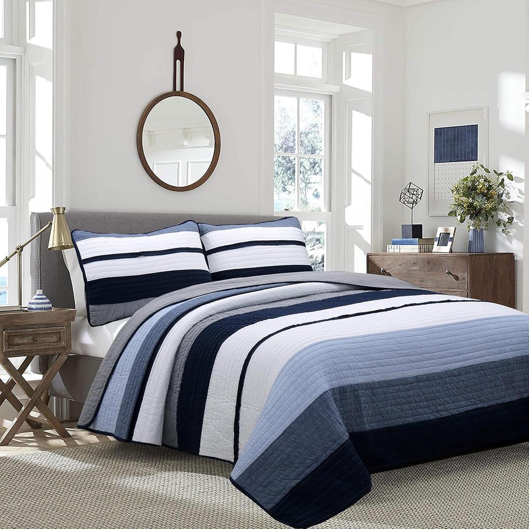 Cozy Line Home Fashions Tranquil Blue Gray Striped Boy 100% Cotton Reversible Quilt Bedding Set, All-Season Coverlet, Bedspread (Rendon, Queen - 3 Piece)