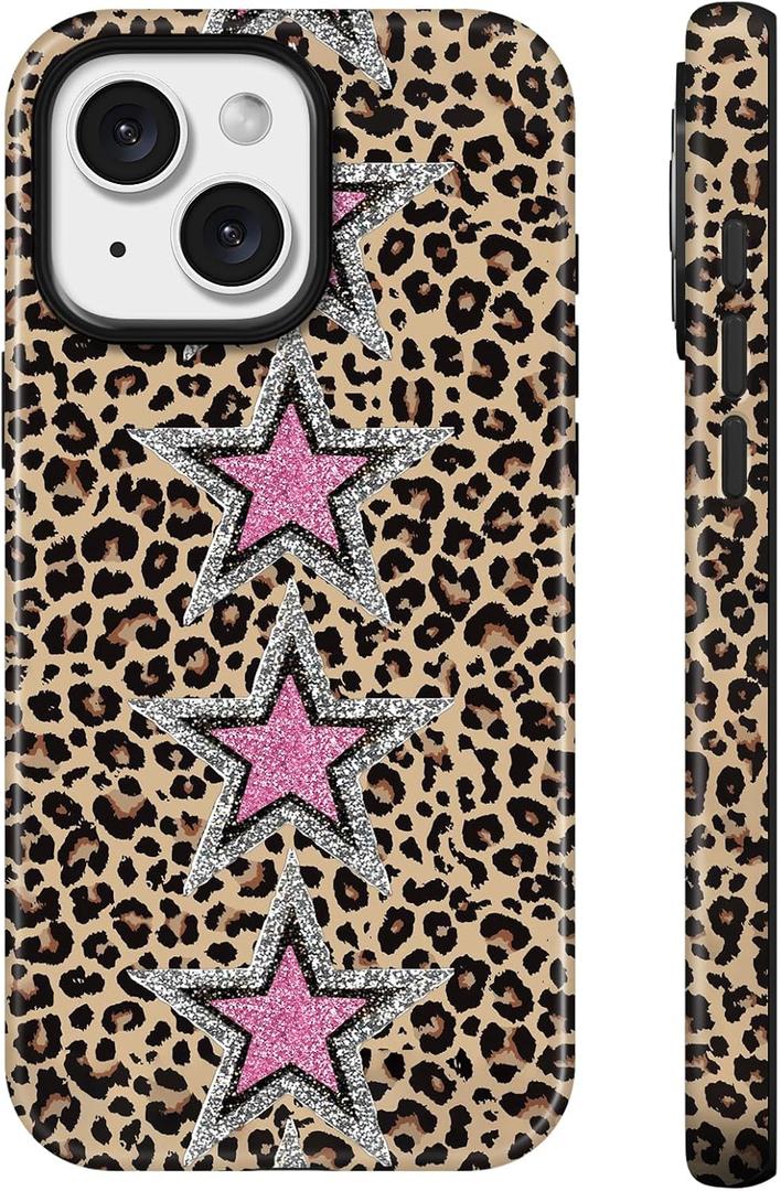 Lumen for iPhone 15 Case, Compatible with Magsafe, Hard Shell Cover with Camera Protection for Women Girls - Leopard Print Pink Glitter Stars Cheetah design Y2K Preppy Aesthetic Unique Festive