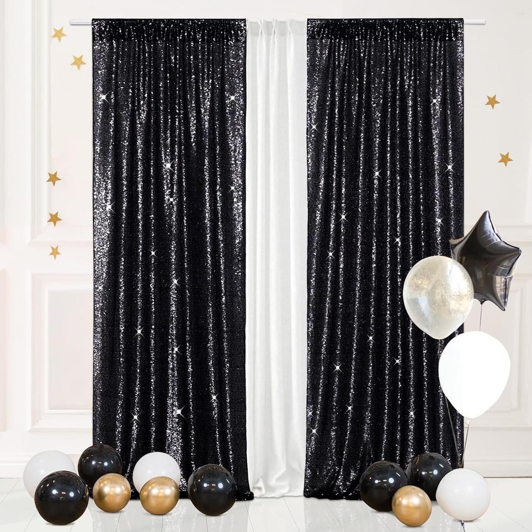 Eternal Beauty Black Sequin Backdrop Curtains, Shimmer Back Drop 2 Panels-2FTx8FT for Christmas, Party, Birthday, Photography, Wedding, Baby Shower Event Decoration
