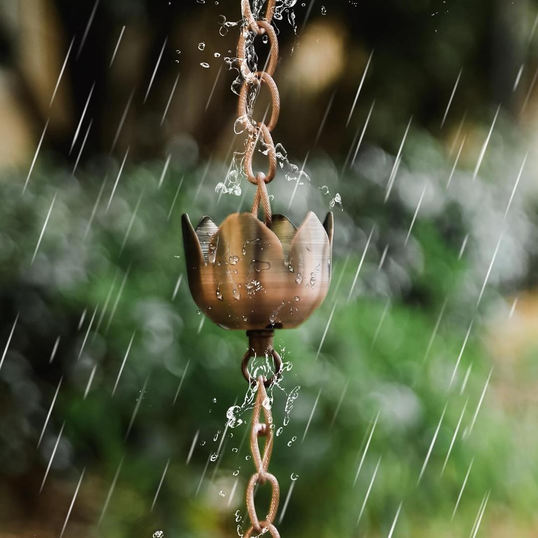 DUSVALLY Rain Chain, 5.85 FT Lotus Metal Rain Chain, Functional and Decorative Replacement for Gutter Downspouts, Divert Water and Home Display, Adjustable, Antique Brown (Flower Cup)