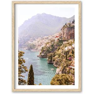 HesenDot Natural OAK Wood Framed Italy Coastal Wall Art,12x16in Amalfi Coast Canvas Wall Print,Positano Seascape Boho Poster Wall Decor for Living Room,Bedroom,Office Gallery Set of 1