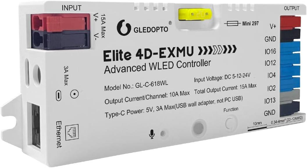 GLEDOPTO Elite ESP32 WLED LED Strip Light Controller 4 Outputs Ethernet Microphone UART Energy Saving Relay 20A Pluggable Fuse DIY Dynamic for WS2811 WS2812 SK6812 WS2815 Digital Addressable RGB IC