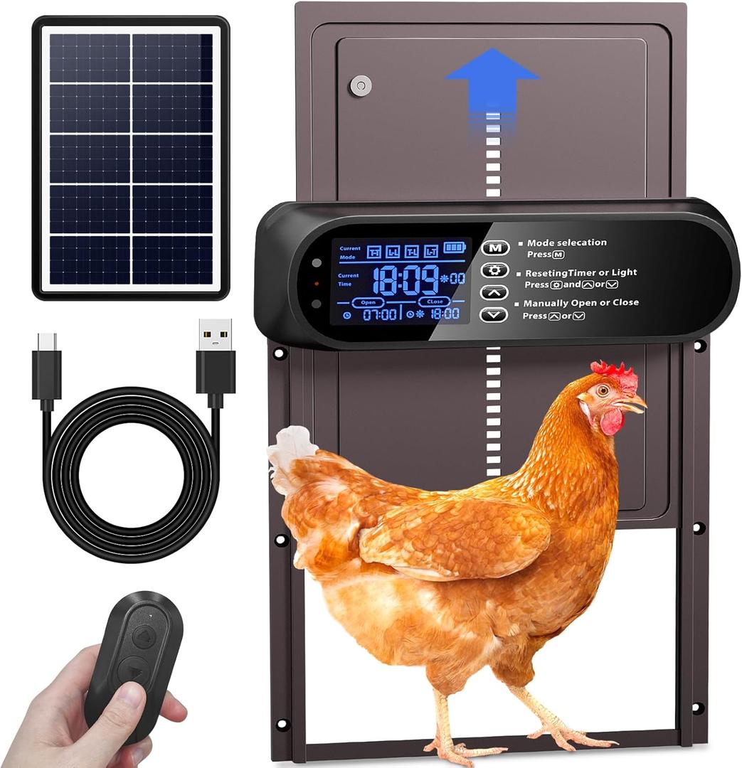 Automatic Chicken Coop Door Solar Powered, LCD Screen Electric Auto Chicken Coop Door with Timer & Light Sensor, Aluminum Rechargeable Automatic Chicken Door Opener with Remote Control & 4 Modes (Brown)