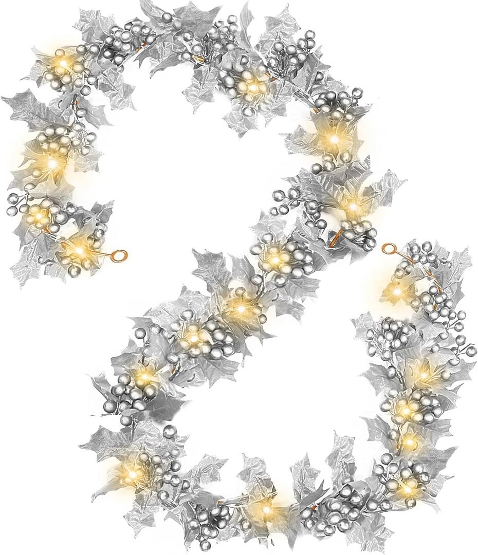 [Timer & Lighted] 6 Ft Prelit Christmas Garland with Lights Silver Berry Garland Holly Leaves Artificial Xmas Garland Christmas Decorations for Home Winter Holiday Door Table Mantle Fireplace Stairs