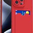 for iPhone 15 Pro Case with Card Holder Slim, Thin Silicone Wallet Phone Case with Credit Card Slot for Women Men, Soft Rubber Gel TPU with Pocket Shockproof Camera Cover, Red