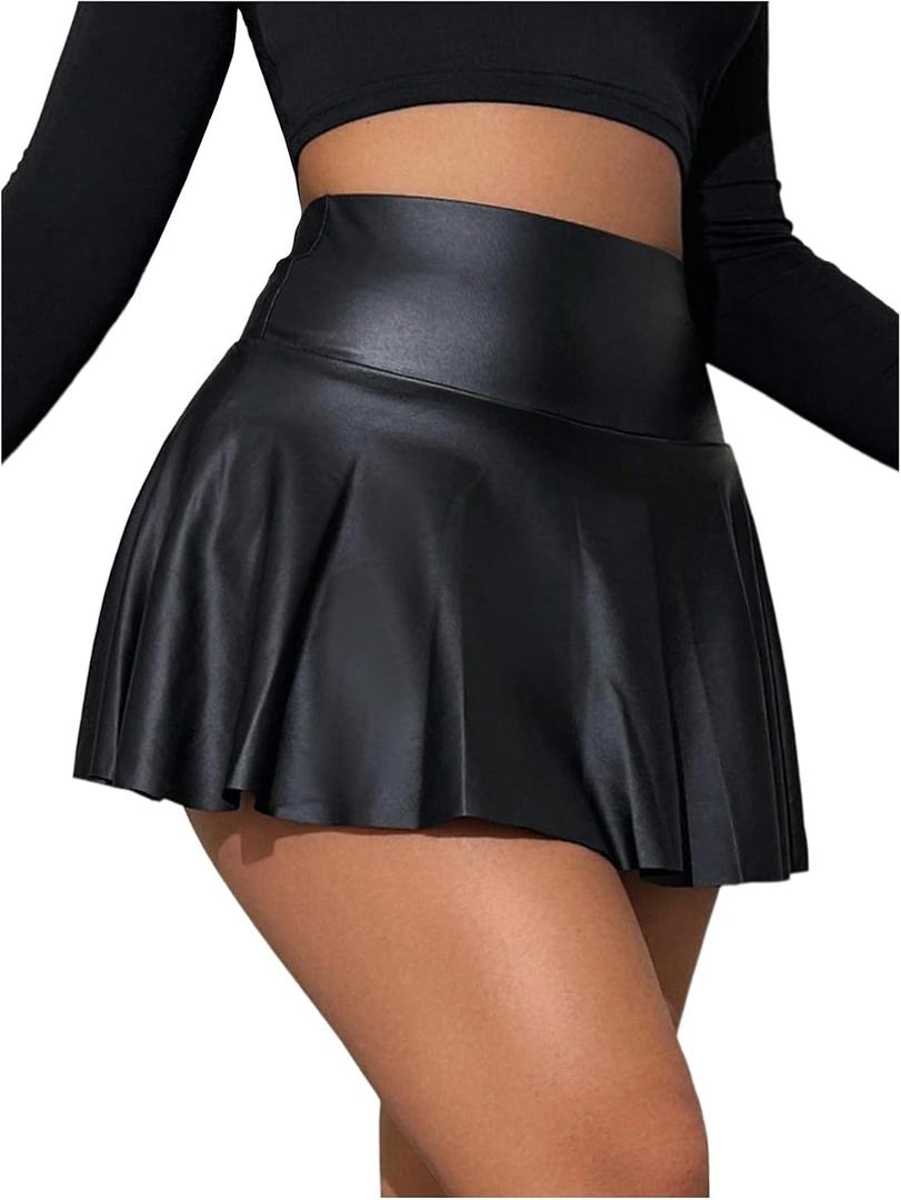 OYOANGLE Women's Pu Leather Elastic High Waist Skorts Ruffle Hem Casual Flared Skirt Shorts (Black, XL)