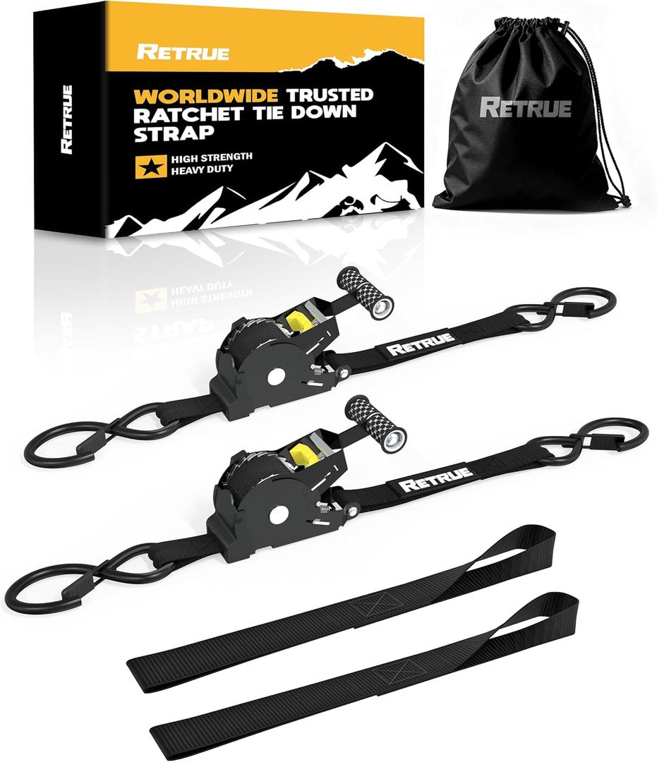 RETRUE Heavy Duty Self-Retracting Ratchet Straps, 10 Feet Retractable Ratchet Tie Down Straps with 1,500lb Break Strength for Trailers, Motorcycles, ATVs, Moving, Cargo Handling & More, Black (2 Pack)