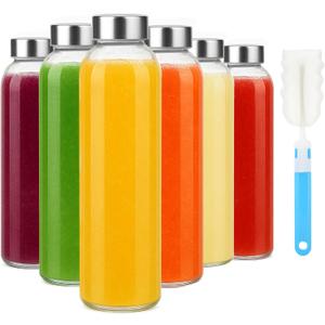 Sursip 18oz Glass Water Bottle Set of 6, Clear glass juice bottle for juicingReusable Drinking Bottles with Stainless Steel LidBeverage Storage Containers for Refrigerator-BPA FreeLeak Proof
