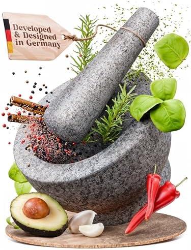 ChefSofi Mortar and Pestle Set - 6 Inch - 2 Cup Capacity - Unpolished Heavy Granite for Enhanced Performance and Organic Appearance - Included: Anti-Scratch Protector