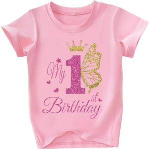 4 x Toddler Girls First Birthday Shirts for Girls One Years Old Outfit for Party Tshirt (Pink)