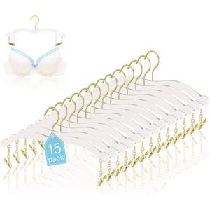 15 Pack Lingerie Hangers with Gold Metal Clips Bralettes Bikini Plastic Hangers for Bras Tank Tops Bralettes Dress Skirt Shorts Pants Women Clothing