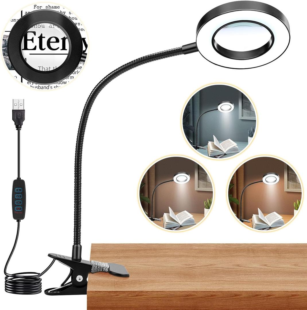 10X Magnifying Glass with Light, Clip on Mganifier with Light, 48 LED Desk Magnifying Glass wtih Clamp, 3 Modes Dimmable Magnifying LED Lamps for Bed Work Crafts DIY B