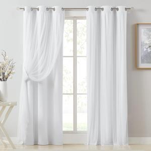 Bujasso White Full Blackout Curtain Panels with Sheer Overlay Mix and Match Double Layer Thermal Insulated Window Treatment Set for Living Room White Drapes with Tiebacks Grommet Top 37" Wx84 Lx2