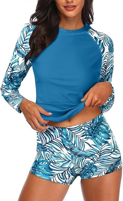 Daci Women Two Piece Rash Guard Long Sleeve Swimsuits UV UPF 50+ Swim Shirt Bathing Suit with Boyshort Bottom Size XL
