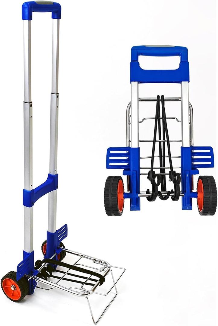 Small Folding Luggage Cart, Lightweight Aluminum Portable Hand Truck with 2 Elastic Straps & 2 Wheels, Adjustable Height for Travel, Moving, Office & Shopping, Easy to Store, 80 lbs Capacity