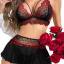 Sexy Mini Skirt with G-String Floral Lace Sheer Bralette Lingerie Set 3 Piece Otufits (Black Red) L