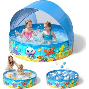 Foldable Kiddie Pool with Canopy 47IN Toddler Baby Pool with Detachable UPF 50+ Shade, Carry Bag Hard Plastic Foldable Swimming Pool Portable Summer Water Play Pool for Outdoor Backyard Beach