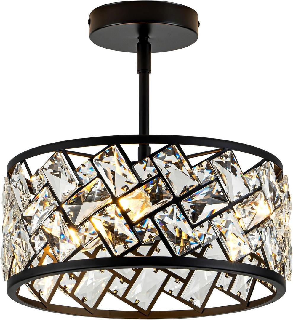 Rpzloila 3-Light Crystal Ceiling Light Fixture, Modern Semi Flush Mount Ceiling Light, Black Crystal Chandelier for Kitchen Bedroom Bathroom Entryway Hallway